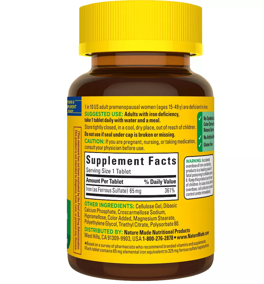 Nature Made Iron Supplement 65 mg tablets 180 count vitamins expiration
