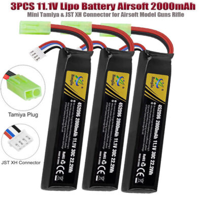 3pcs 11.1V Lipo Battery Airsoft 2000mAh Rechargeable RC Mini Tamiya Connector