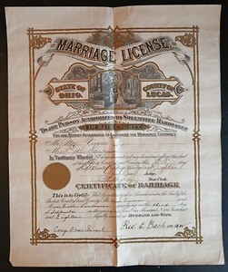 USA 1918 Marriage License Certificate, Old Document, Ohio, Lucas County