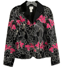 Chico's Embroidered Floral Blazer Sz 0 Small Black Pink Button Front Women WS7
