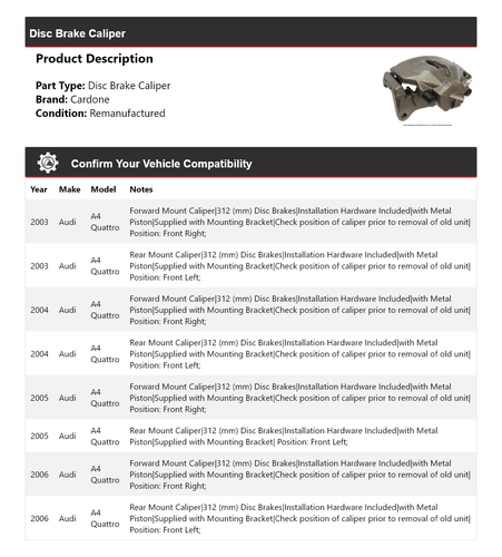 For 2003-2006 Audi A4 Quattro Disc Brake Caliper Cardone 2004 2005 - Picture 2 of 5
