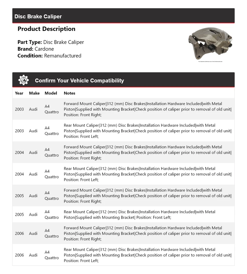 Pinça de freio a disco Cardone 2004 2005 para 2003-2006 Audi A4 Quattro - Imagem 2 de 4