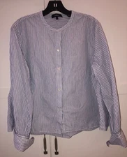 THEORY  Women's  Navy White Striped Blouse Top  Button Front Boxy Fit ,  Large