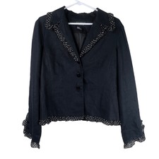 Spanner Linen Button Front Blazer Jacket Polka Dot Ruffle Career Black Women's 8