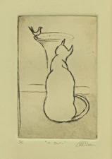 CAT Looking at Bird in Birdbath & WISHING. Original signed EXPRESSIONIST ETCHING