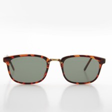 Tortoise Rectangular Vintage Horn Rim Sunglass with Green Glass Lens - Spence