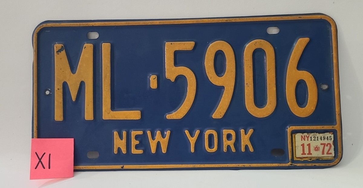 1972 New York License Plate ML•5906 Blue & Orange Metal Old