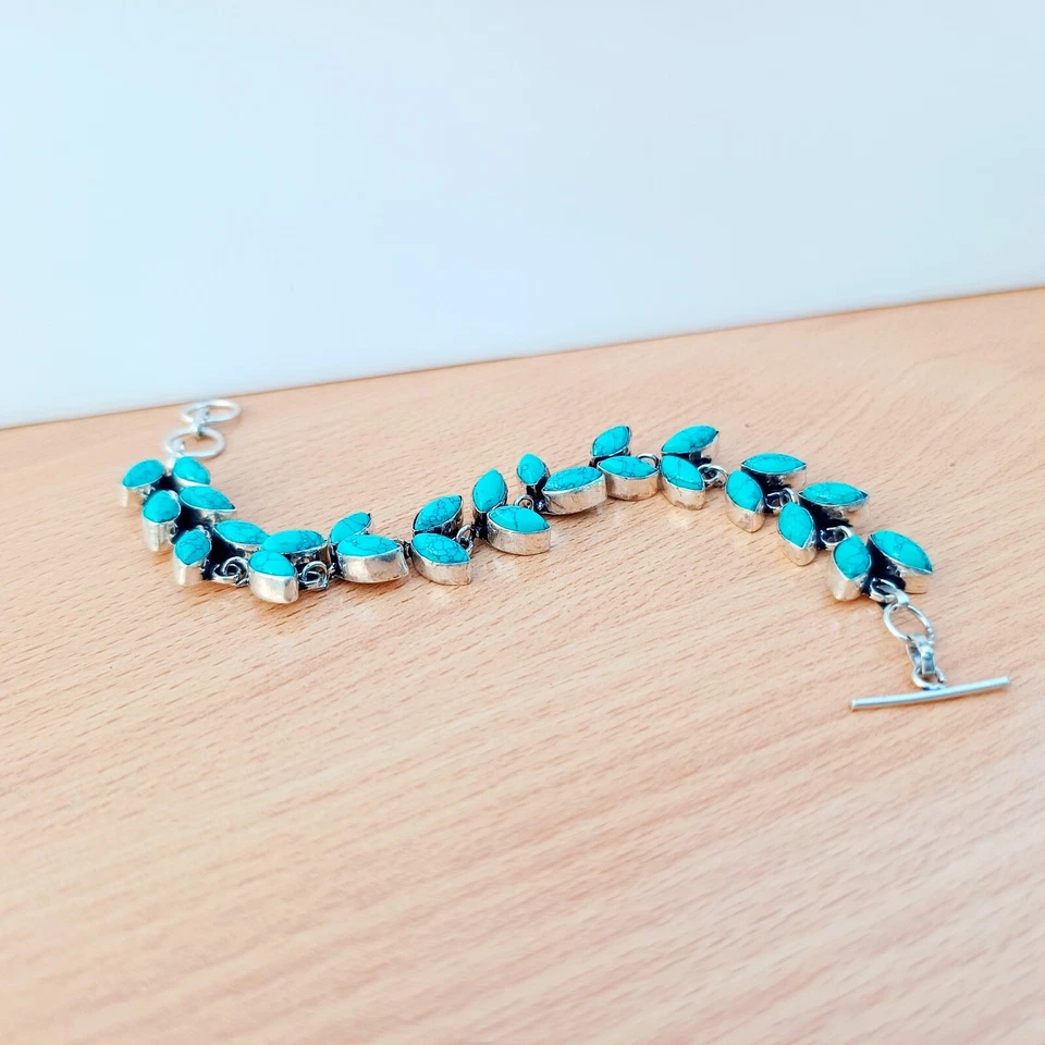 Pulsera de piedras preciosas turquesa pulsera de plata de ley hecha a mano pulsera joyería Foto 3 de 4