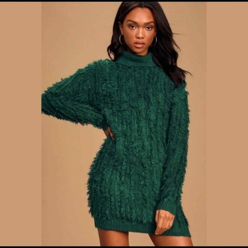 Green Turtleneck Knit Sweater Dress 
