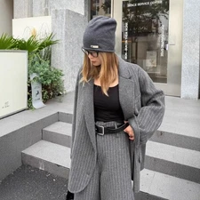 Two Piece Striped Suit Coat Pants Loose 100% Wool Suit Jacket Top Cropped Pants