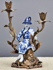 Blue, White Porcelain, Bronze Chinoiserie Candleholder. Sitting Man (11"H)
