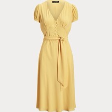 Lauren Ralph Lauren yellow Belted Georgette Puff Sleeve Dress size 6 NWT