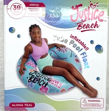 Justice 39" Inflatable Tube Beach Pool Float Aloha Teal Color