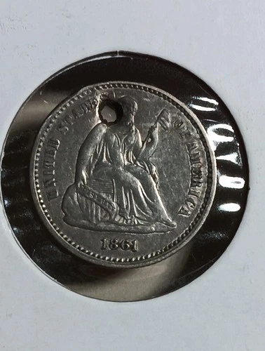 1861 US Silver Seated Liberty Half Dime with Hole Great Details #m26b5