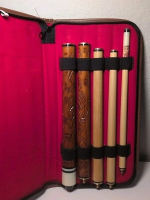 Crest 4 pc 19oz carved pool cue stick with carry case, brass connections B388