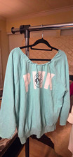 PINK Women’s Blue Logo Graphic Pullover Sweatshirt Fleece Cotton Size L