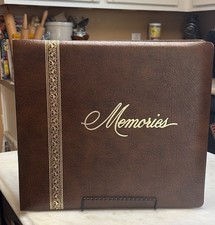 Vintage Brown Faux Leather MEMORIES Photo Album Scrapbook Gold Accents Sturdy