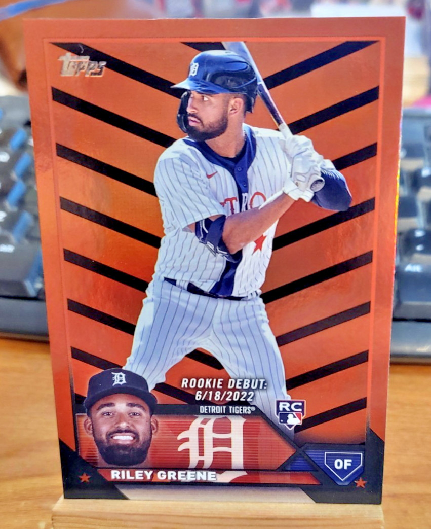 2023 Topps Update Orange and Black Foil Riley Greene US298 Rookie Parallel