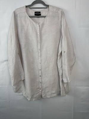 Tahari 100% Linen TunicTop Women s Sz 2X Long Sleeves Collarless Off-White/Beige