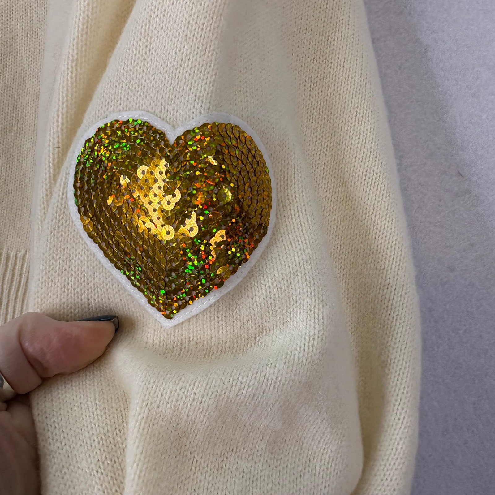 LoveShackFancy LSF Ashland Size S Cream Sequin Heart Wool Blend Sweater Luxury image 5
