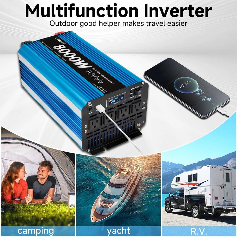 4000W/8000W Pure Sine Wave Power Inverter 12V to 120V W/ 4AC Remote Control Blue - Image 4 of 4