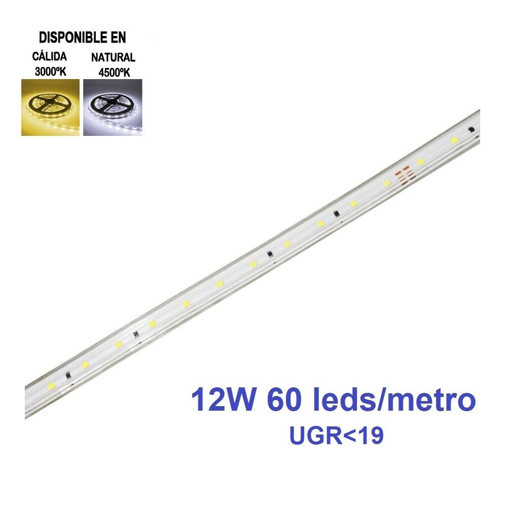 Pack Tira LED 220v 12W 11mm 4500K Luz Neutra 60leds/metro IP65 UGR+conector