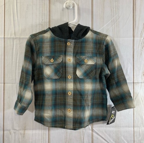Art Class Flannel Green Plaid Hooded Shirt Boys Size 12M