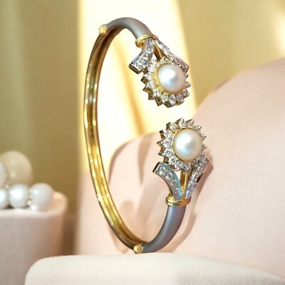 3,88 Karat Runder Brillant Diamanten Sunburst-Perle Manschette Armband 14K Gold