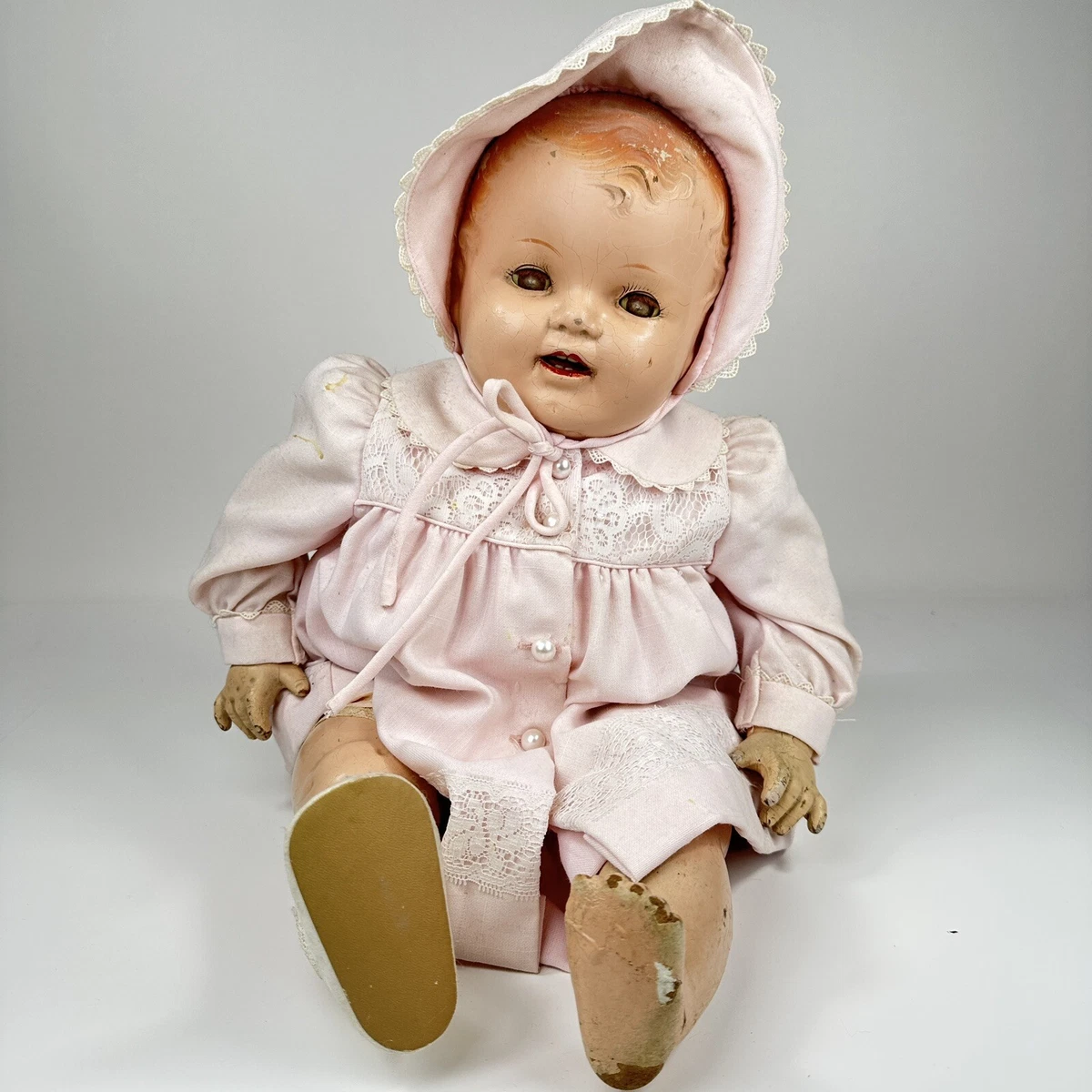 VINTAGE IDEAL CUDDLES BIG HAPPY BABY DOLL in ANTIQUE OUTFIT 24