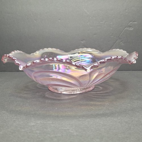 Imperial by Lenox Scroll Pink Iridescent Carnival Glass Ruffled Bowl w/ label - Picture 2 of 7
