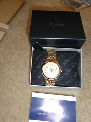 Beautiful Bulova Watch Gold Tone Metal Mens Watch in Box with Manual ...