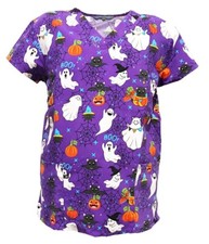 Women Halloween Christmas Medical Scrub Tops Purple Base Ghost Bat Spider Web XL