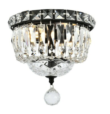 Crystal Flush Mount 2 Light Fixture Black and Silver Bathroom Bedroom Hallway 8''