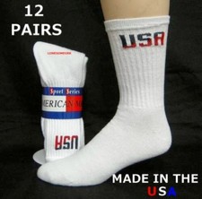 12 Pairs Mens USA LOGO USA Made White Lightly Cushioned Cotton Crew Socks