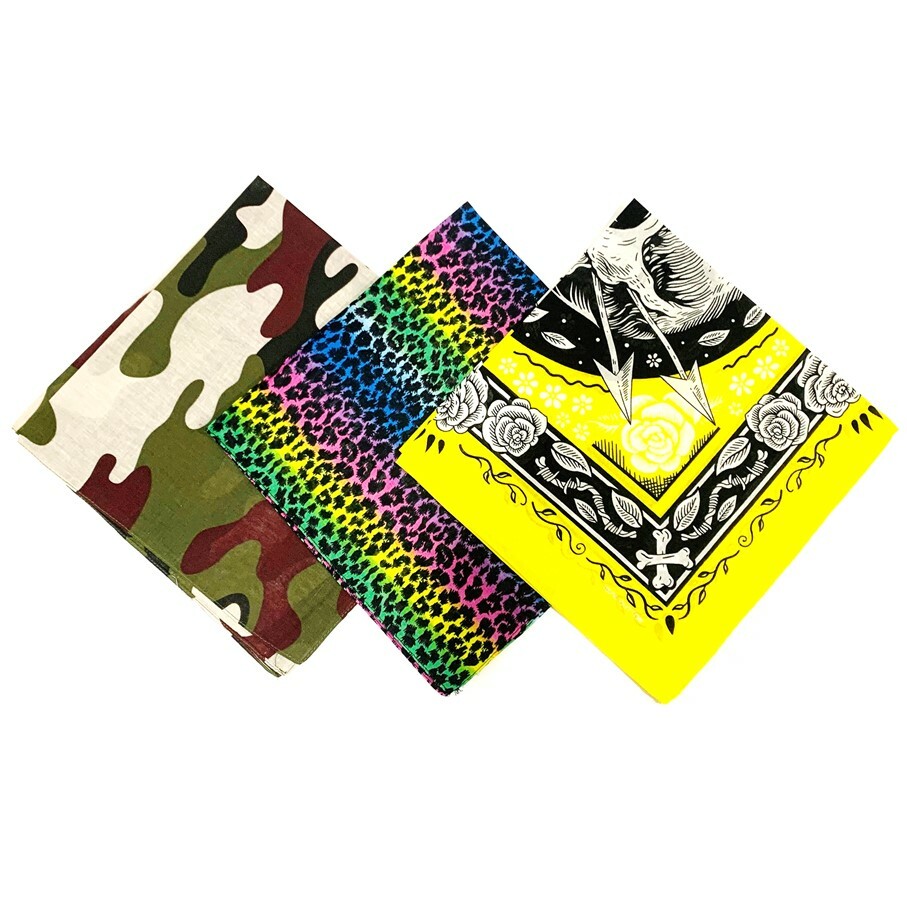 3 Bandanas Skull Rose Leopard Print Army Cover Head Band Scarf Wrap Cotton Wrist