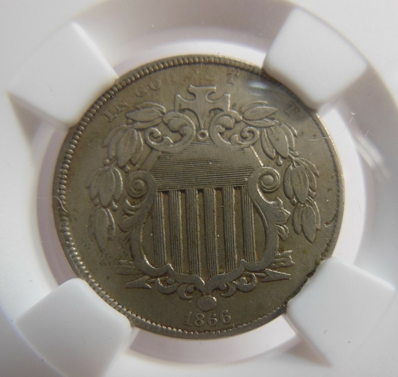 1866 SHIELD NICKEL, NGC VF CLEANED, MINOR CLEANING, ROTATED REVERSE APROX. 30%
