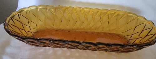 Vtg Depression Glass Diamond Cut Pattern Amber Candy Scalloped 10” Dish RARE