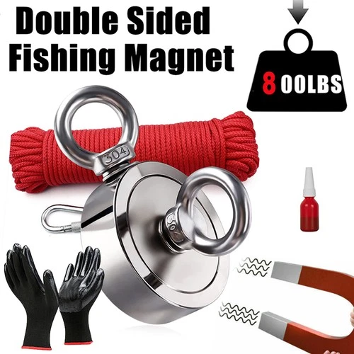 800lbs Magnet Fishing Kit Double Side Pull Force Strong Neodymium Carabiner Rope
