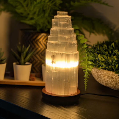 Selenit Turmlampe Dimmerschalter kostenlos 2 Glühbirnen, Naturheilkristalllicht UK