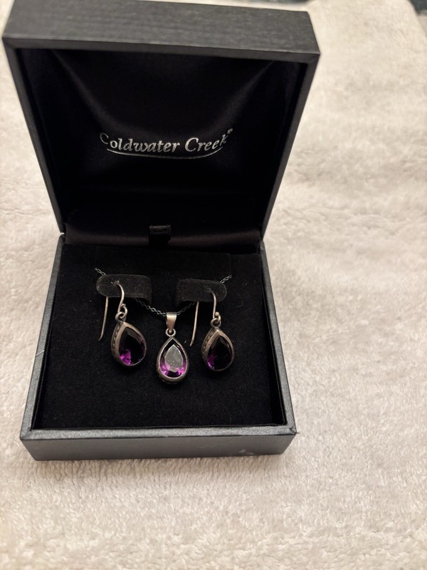 Coldwater Creek Sterling Silver Purple Teardrop Necklace & Earrings Set