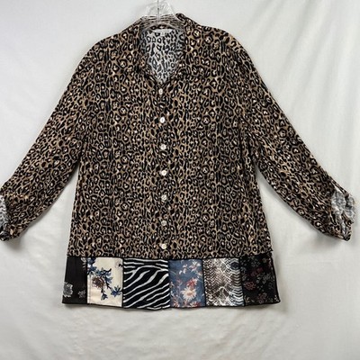 John Mark Button Down Tunic Women Medium Tan Leopard Mixed Media Patchwork Hem