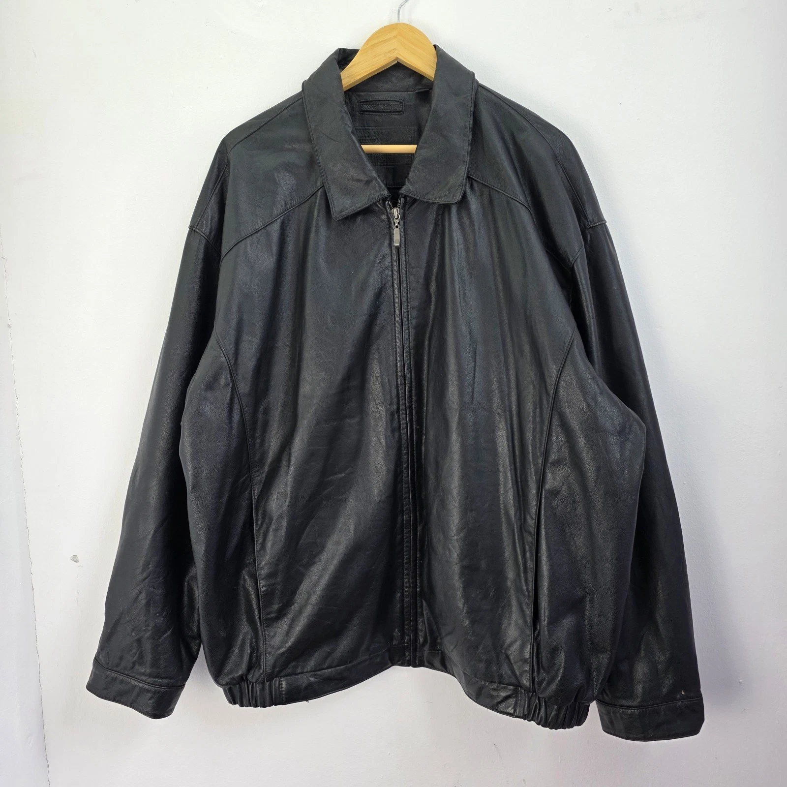 Roundtree & Yorke Leather Bomber Jacket Mens 2XL Black Full Zip Collared Biker