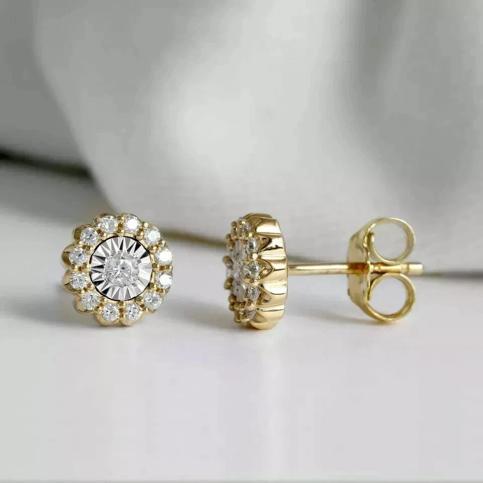 Women's Halo Stud Earring 2Ct Round Cut Simulated Diamond 14K Yellow Gold Plated