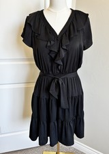 Lauren Ralph Lauren Black Ruffle Dress Size 8 Tiered Tie Waist V-Neck Feminine