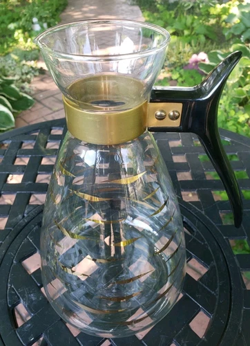 Vintage Mid Century Pyrex Gold Atomic Tiger Eye Coffee Pot Carafe With Handle