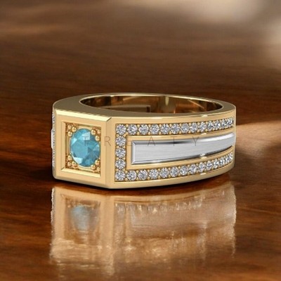 Blue Topaz Round Cut With 14k Yellow Gold Ring For Men's #A297 #