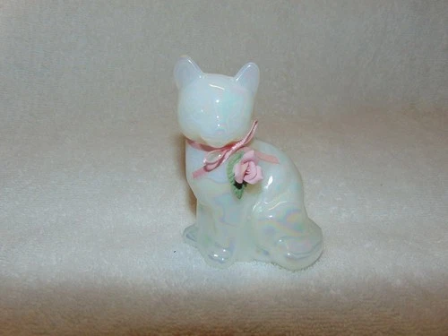 Fenton Vintage Glass Opalescent White Cat Figurine Pink Porcelain Rose