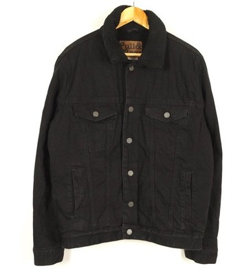 PULL & BEAR Men's Trucker Jacket Size M Sherpa Lined Snap Black Tas...