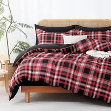 Queen Plaid 3 Pcs Duvet Cover Set, Breathable Soft Microfiber Black Lining Co...