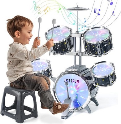 Kids Drum Set with Lights & Stool 5-Piece Jazz Drum Kit Musical Toy for Toddlers